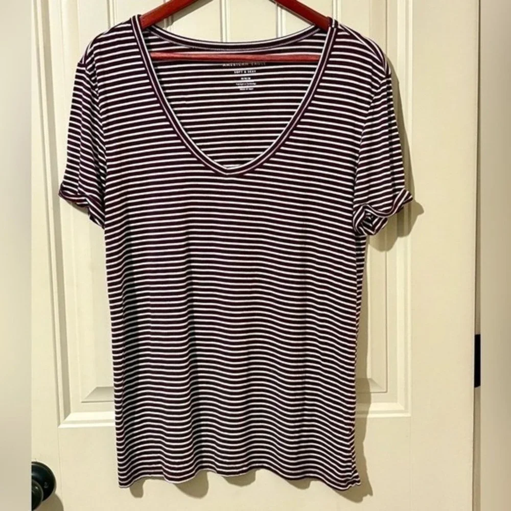 American Eagle Maroon/White Striped Soft & Sexy T-Shirt